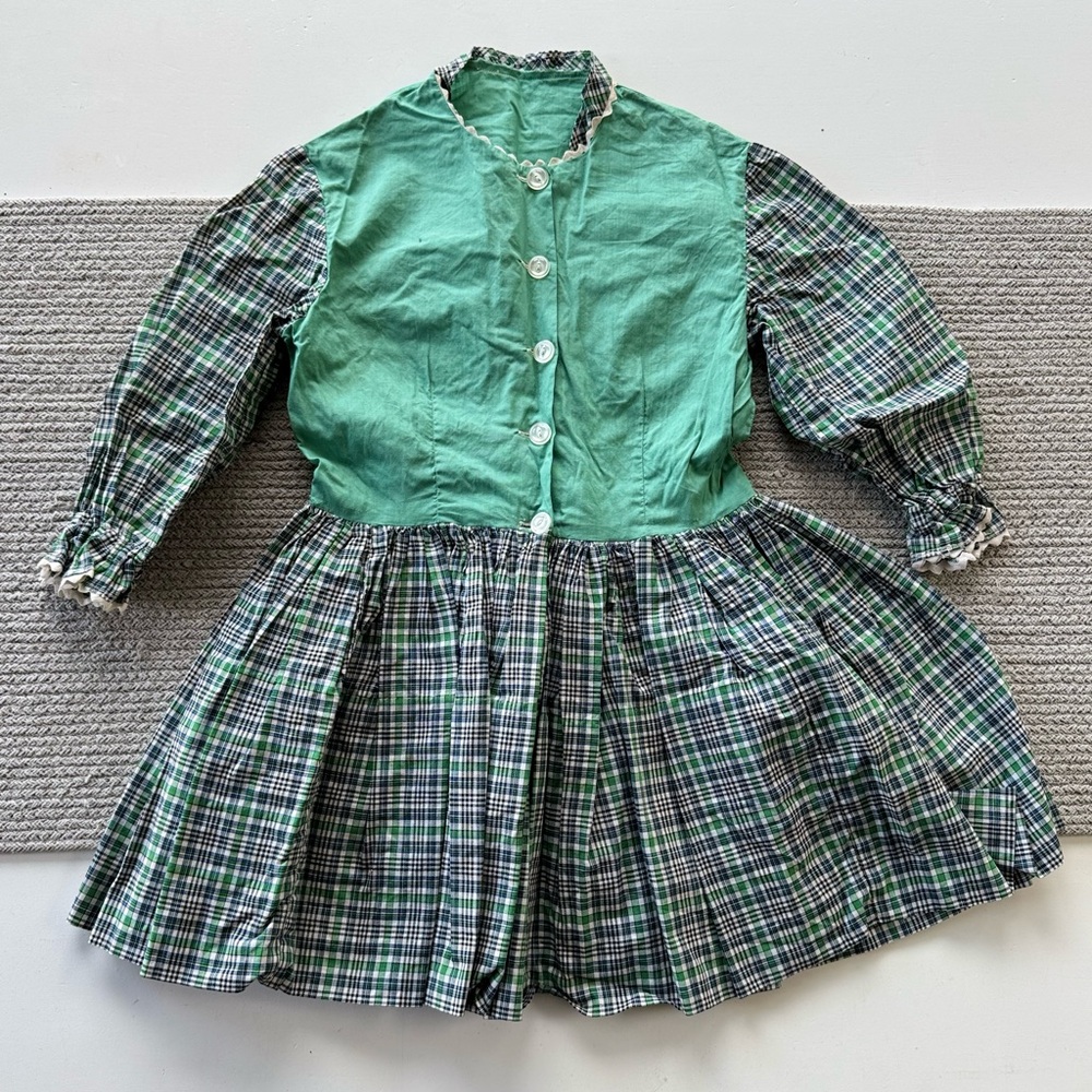 Antique Green Blue Plaid Button Front Cotton Dress Handmade No Tags
